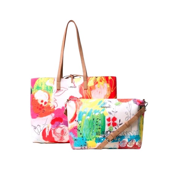 Desigual Handbags - Desigual NWOT Reversible Tote Bag Set Large Floral Tan Pouch Bohemian Chic Art